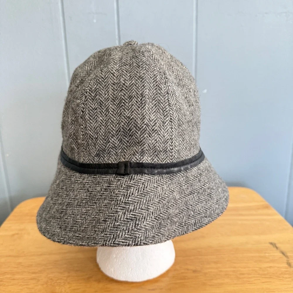 Vtg Coach‎ Wool Herringbone Bucket Hat Leather Trim Gray British Heritage Twee